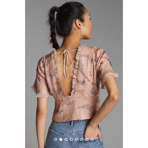 Anthropologie x Forever That Girl Sequined V-Neck Blouse Size L - Picture 4 of 11